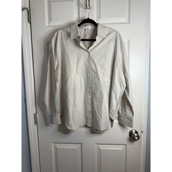 AYR Women's Blue Stripe Long Sleeve Button Down Shirt Cotton XL Beige Casual Top - Picture 1 of 12